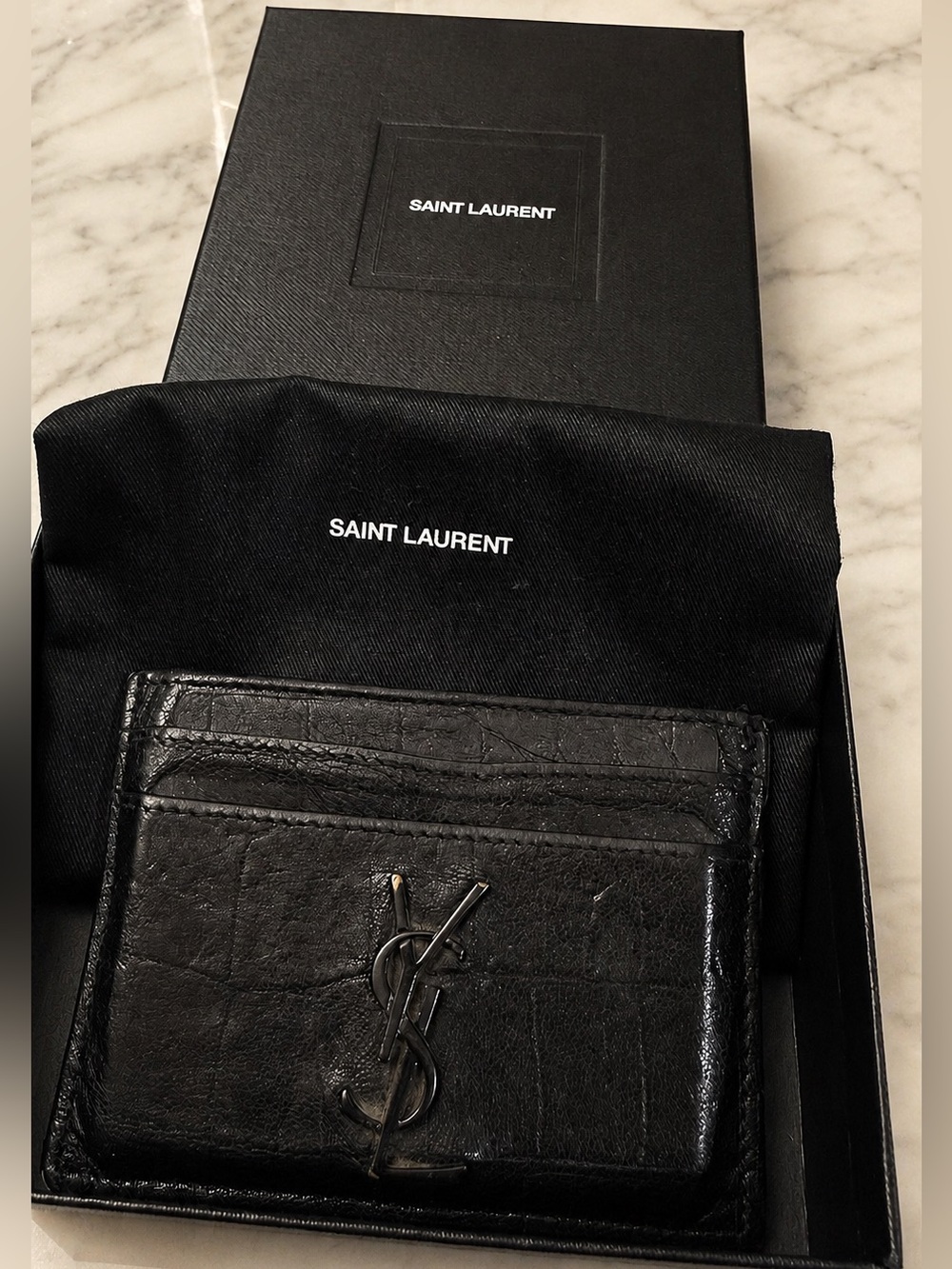 Saint Laurent Black Croc-Embossed Leather Card Case